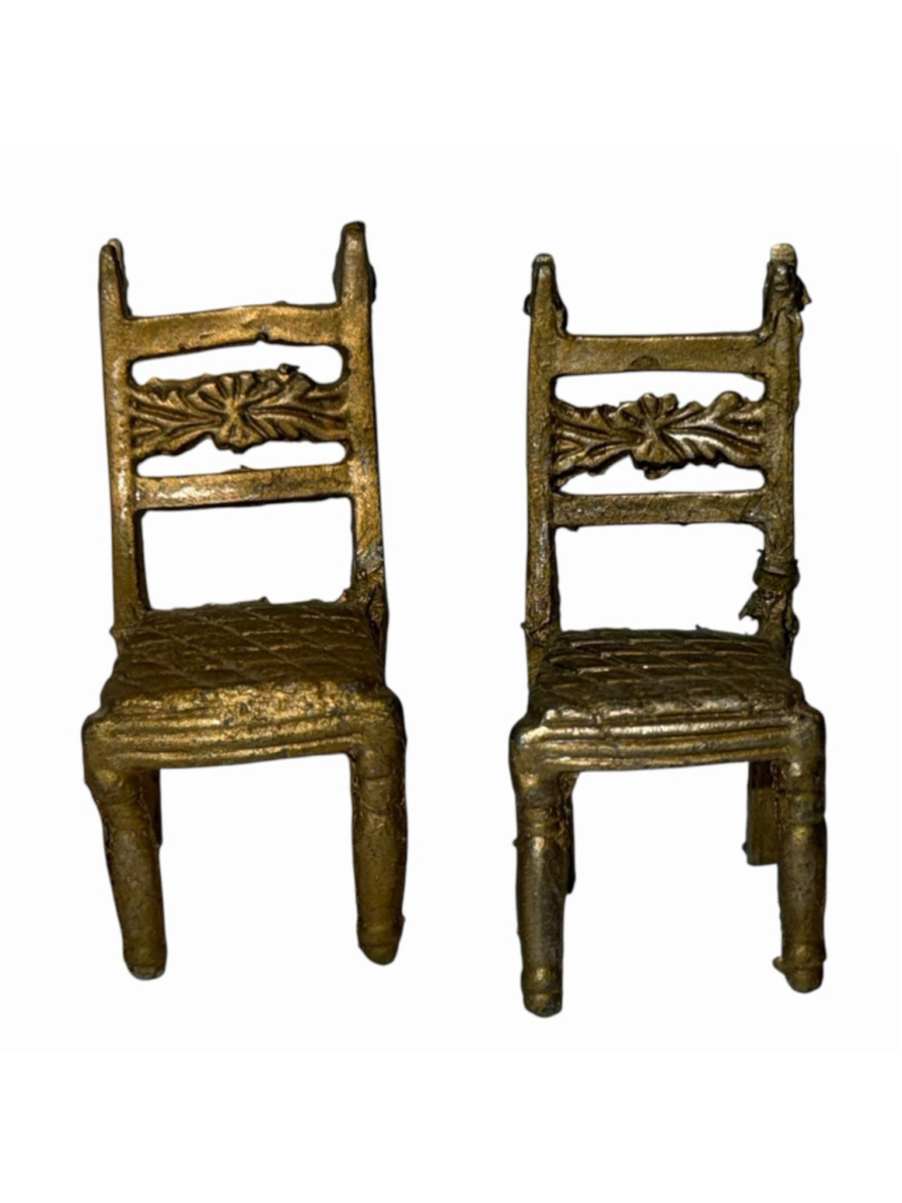Miniature Gold Tone Metal Chairs Pair Ornate Floral Back Dollhouse Decor Vintage